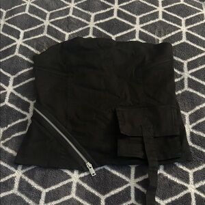 Black Strapless Corset Top with Diagonal Silver Zipper and Utility Pocket
